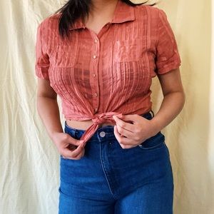 Peach / pink blush button up with grid pattern